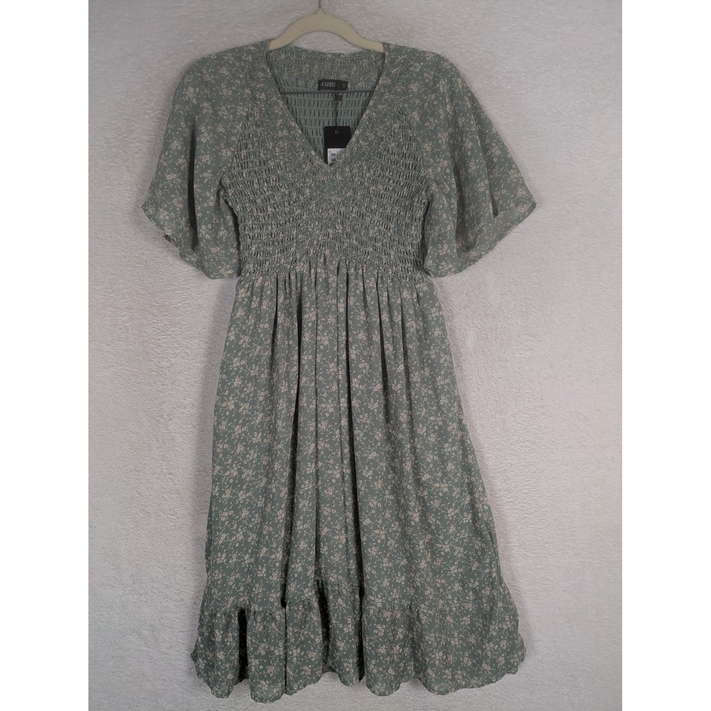 NEW MIKAROSE Dress Women's Small Jade Floral Smocked Flutter Sleeve Frances